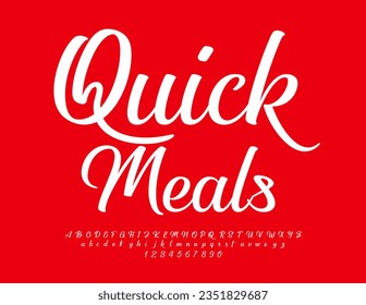 Vector advertising logo Quick Meals. Calligraphic Alphabet Letters and Numbers set. White cursive Font