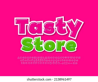Logotipo de publicidad de vectores Tasty Store. Tipo de letra rosada. Letras y números de alfabeto creativos brillantes