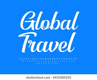 Vector advertising logotype Global Travel. Elegant white Font, Cursive Alphabet Letters and Numbers set