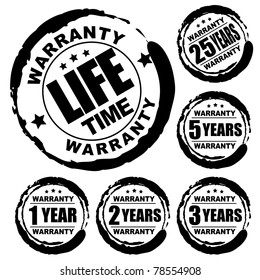 Vector advertising natural looking stamp (label, sign) for 1, 2, 3, 5, 25 and a lifetime warranty products