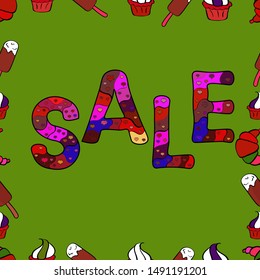 Vector Advertising pictures in green, red and black colors. Seamless. Hot Summer Sale Banner Design. Hand Drawn Text on cute Background.
