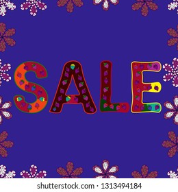 Vector Advertising pictures in purple, red and violet colors. Hot Summer Sale Banner Design. Seamless. Hand Drawn Text on cute Background.