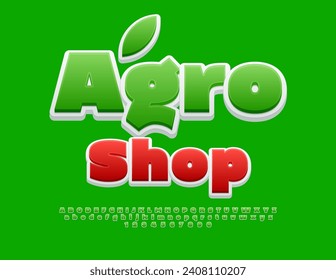 Afiche publicitario de vectores Agro Shop con hoja decorativa. Fuente creativa verde. Conjunto de letras y números de alfabeto.