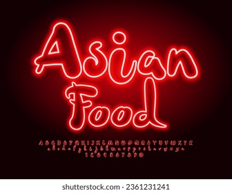 Vector advertising poster Asian Food.  Handwritten Neon Font. Red Glowing Alphabet Letters and Numbers set