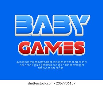 Vector advertising poster Baby Games. Unique Blue Font. Modern 3D Alphabet Letters, Numbers and Symbols set