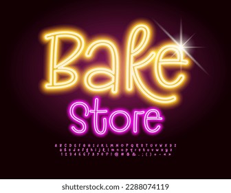 Vector advertising poster Bake Store. Bright Neon Font. Glowing Alphabet Letters, Numbers and Symbols set
