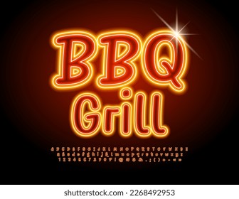 Vector advertising poster BBQ Grill. Bright Glowing Font. Neon Alphabet Letters, Numbers and Symbols set