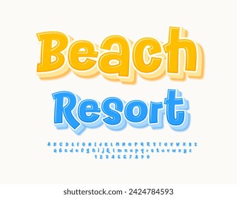 Vector advertising Poster Beach Resort. Creative Blue 3D Font. Funny modern Alphabet Letters and Numbers set.