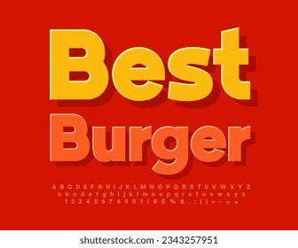 Afiche publicitario de vectores Mejor Burger. Tipo de letra de pegatina roja. Conjunto de letras, números y símbolos alfabéticos modernos