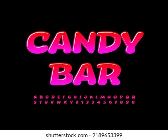 Vector advertising Poster Candy Bar. Funny Pink Font. Bright Creative Alphabet Letters and Numbers set