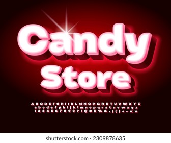 Vector advertising Poster Candy Store. Modern Glowing Font. Creative 3D Alphabet Letters, Numbers and Symbols