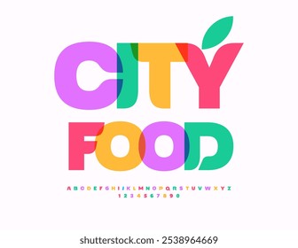 Cartel publicitario de Vector City Food. Elegante fuente colorida. Conjunto de letras y números de alfabeto digital brillante.