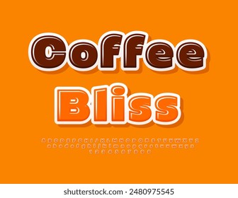 Vector advertising poster Coffee Bliss. Orange Glossy Font. Trendy Alphabet Letters and Numbers. 