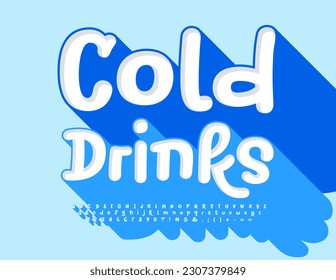 Vector advertising poster Cold Drinks. Funny Bright 3D Font. Modern Funny Alphabet Letters and Numbers.