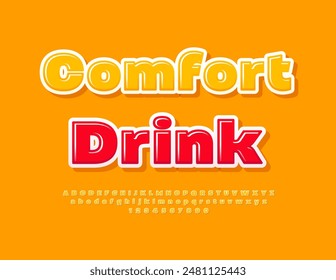 Vector advertising poster Comfort Drink. Sunny Yellow Font. Glossy Alphabet Letters and Numbers set.