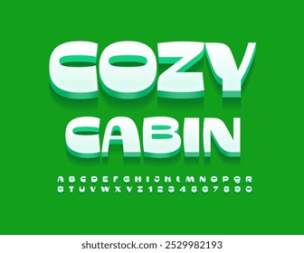 Vector advertising poster Cozy Cabin. Elegant White Font. Modern Alphabet Letters and Numbers set