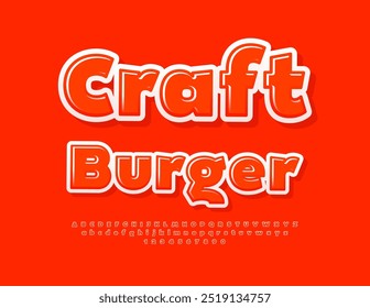 Vector advertising poster Craft Burger. Glossy Red Font. Creative Alphabet Letters and Numbers set.