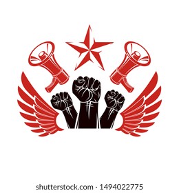 Vector advertising poster created using clenched fists raised up, bird wings and loudhailer equipment. Propaganda as the method of ideology imposing