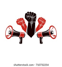 Vector advertising poster created using clenched fists raised up and loudhailers equipment. Propaganda as the means of manipulation and control.