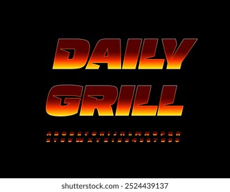 Cartel publicitario de Vector Daily Grill. Fuente de fuego creativa. Conjunto de letras y números del alfabeto flameante