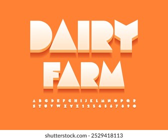 Vektorwerbeplakat Dairy Farm. Moderne weiße 3D-Schrift. Satz exklusiver Alphabetbuchstaben und -zahlen.