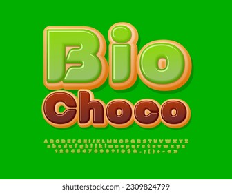Afiche publicitario vectorial Eco Choco. Sabrosa Fuente Donut. Juego de letras y números de alfabeto dulce