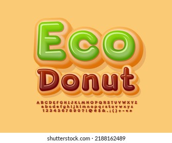 Vector advertising poster Eco Donut. Chocolate Glazed Font. Sweet Donut Alphabet Letters and Numbers