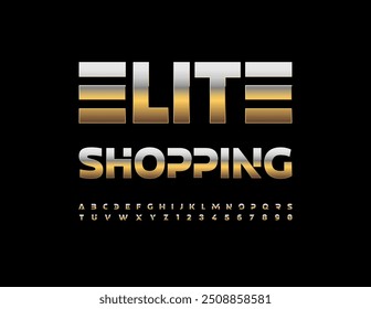 Cartaz publicitário vetorial Elite Shopping. Fonte Ouro Futurista. Conjunto de letras e números do alfabeto moderno. 