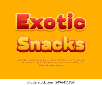 Vector advertising poster Exotic Snacks. Yellow and Red cool Font. Stylish Alphabet Letters and Numbers set.