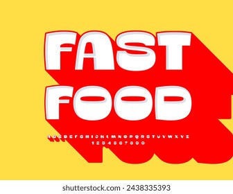 Vector advertising poster Fast Food. Modern 3D Font with Big Red Shadow. Creative Alphabet Letters and Numbers set.
