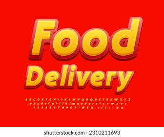 Vector advertising poster Food Delivery.  Modern creative Font. Red and Yellow bright Alphabet Letters, Numbers and Symbols.