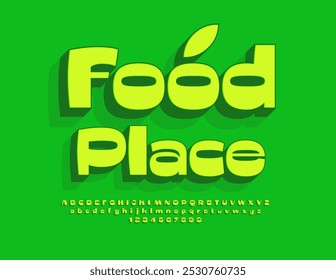 Cartaz publicitário de vetor Food Place. Fonte Verde Exclusiva. Definição de letras e números de alfabeto 3D elegantes.