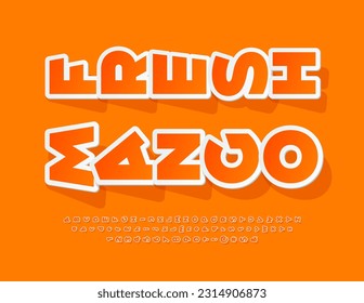 Vector advertising Poster Fresh Mango. Orange sticker Font. Creative rotated Alphabet Letters and Numbers set