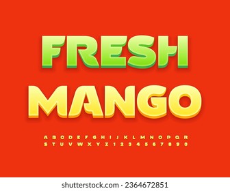 Vector advertising poster Fresh Mango.  Elegant Yellow 3D Font. Creative Alphabet Letters and Numbers set