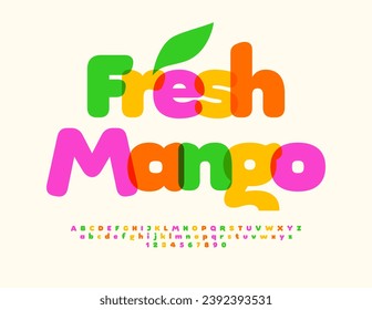 Afiche publicitario de vectores de Mango Fresh. Fuente de color. Letras y números de alfabeto creativos brillantes