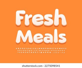 Vector advertising poster Fresh Meals. Creative modern Font. White 3DAlphabet Letters and Numbers set