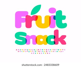Vector advertising poster Fruit Snack. Cute Colorful Font. Bright Alphabet Letters and Numbers set. 