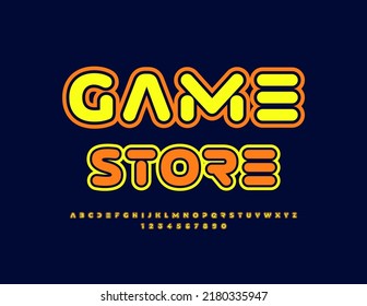 Vector advertising poster Game Store. Bright Creative Font. Trendy Alphabet Letters and Numbers set