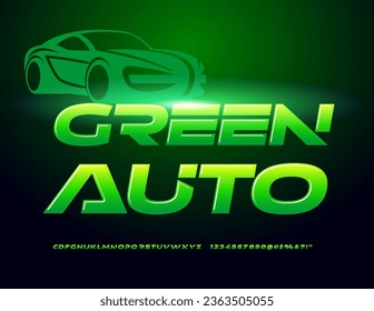 Vector advertising poster Green Auto with decorative Car. Modern Glossy Font. Futuristic style Alphabet Letters, Numbers and Symbols