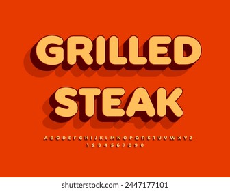 Póster publicitario de Vector de carne asada. Fuente 3D brillante creativa. Conjunto de letras y números del alfabeto artístico.