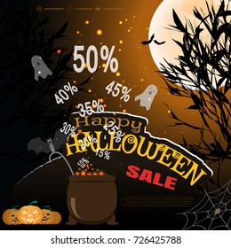 Vector advertising poster for Halloween sale with full moon, silhouettes of trees, flying ghosts, bat, headstones, group of pumpkins, magic cauldron on the gradient dark brown background.