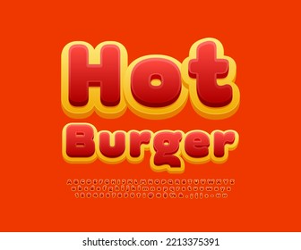 Cartel publicitario vectorial Hot Burger, Red and Yellow bright Font. Juego de letras, números y símbolos de alfabetos creativos