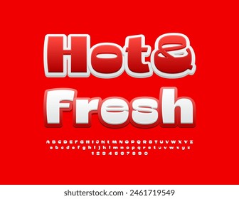 Póster publicitario de Vector Caliente y fresco para el mercado, tienda y café. Elegante fuente blanca y roja. Conjunto de letras y números de alfabeto moderno.