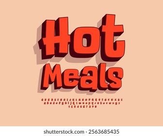 Vector Advertising Poster Hot Meals for Cafe, Menu and Restaurant. Bright Funny Font. Red Digital 3D Alphabet Letters and Numbers set.