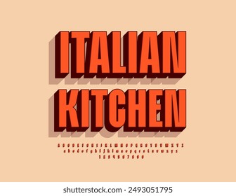 Póster publicitario de Vector Cocina italiana. Fuente roja elegante. Conjunto de letras y números brillantes del alfabeto 3D.