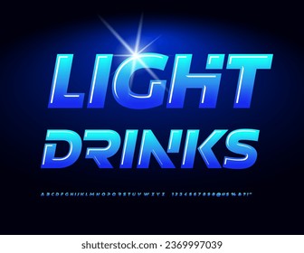 Afiche publicitario de vectores Bebidas ligeras. azul brillante. Letras y números de alfabeto de moda