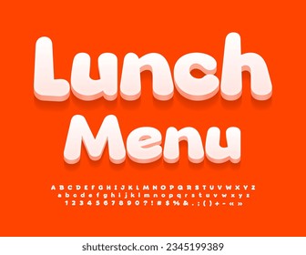 Vector advertising poster Lunch Menu. Funny White Font. Artistic 3D Alphabet Letters, Numbers and Symbols