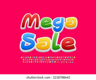 Vector advertising poster Mega Sale. Colorful 3D Font. Modern handwritten Alphabet Letters and Numbers. 
