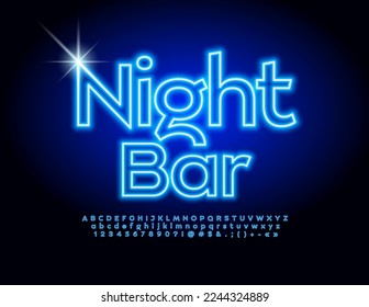 Vector advertising poster Night Bar. Blue Neon Font. Artistic Alphabet Letters and Numbers set