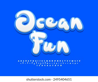 Afiche publicitario de Vector Ocean Fun. Fuente brillante blanca y azul. Conjunto de letras y números de alfabeto brillante moderno.